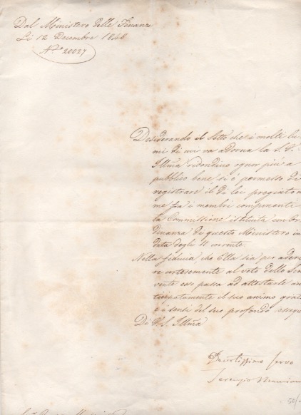 lettera manoscritta con firma autografa inviata al conte massei. datata 12 dicembre 1848.