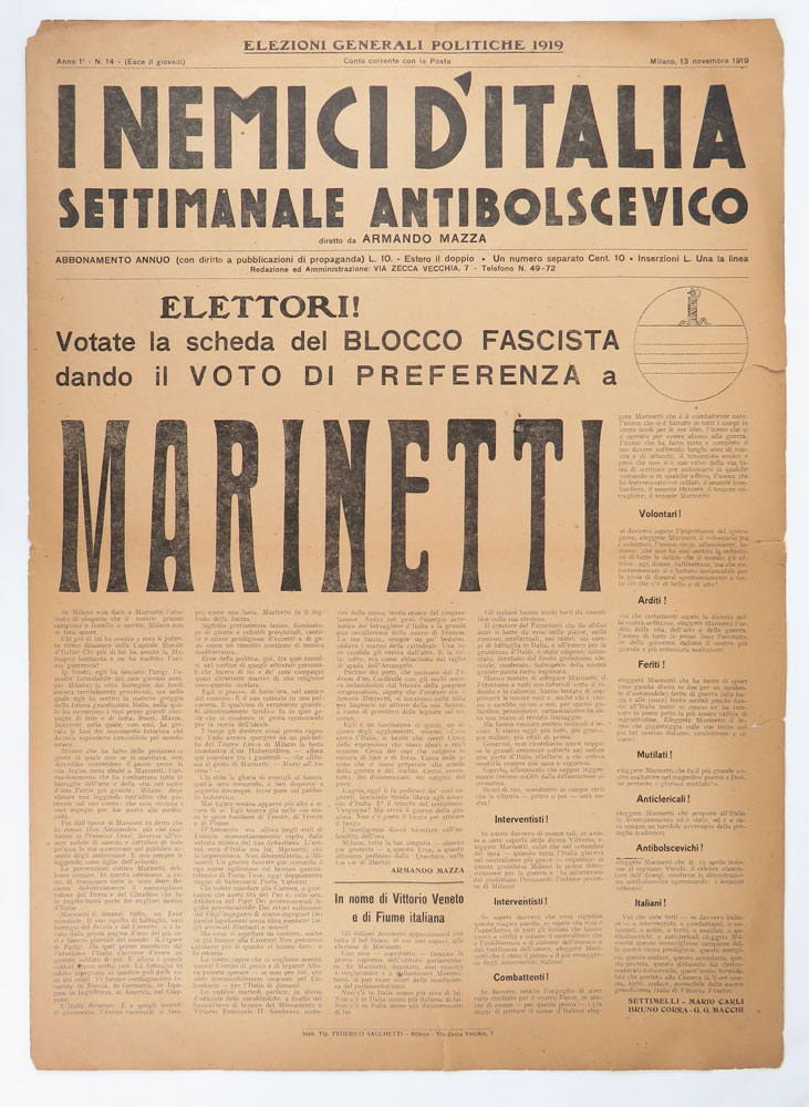 i nemici d’italia. settimanale antibolscevico. anno i - n. 14 ... elettori! votate ... marinetti