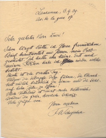 lettera autografa firmata inviata al sig. lucci. datata 3 settembre 1939, losanna