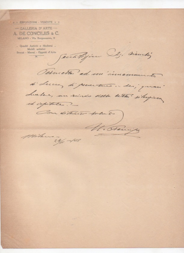 lettera autografa firmata inviata al giornalista augusto guido bianchi.