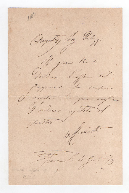 breve lettera autografa firmata inviata al pittore filippo palizzi.