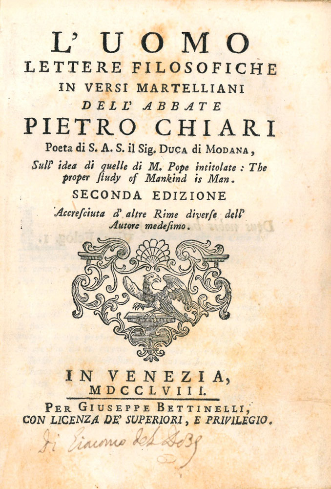 l’uomo. lettere filosofiche in versi martelliani [...] sull idea di quelle di m. pope intitolate: the proper study of mankind is man