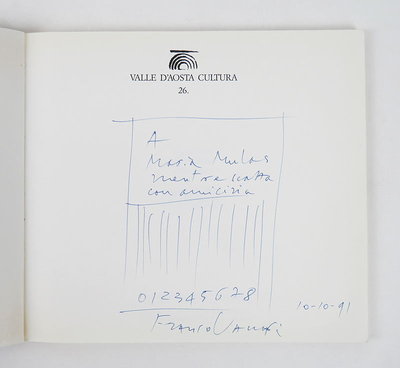 [disegno originale di un codice a barre o bar code con dedica autografa a maria mulas, su copia di: ossessioni. obsessions. obsessions]