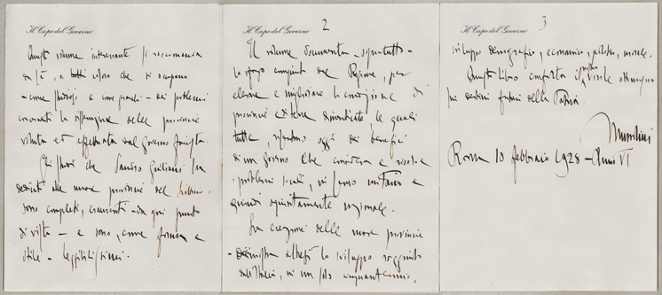 manoscritto autografo firmato mussolini, su carta intestata «il capo del governo»: contiene il testo della prefazione alle «19 province create dal duce» di sandro giuliani