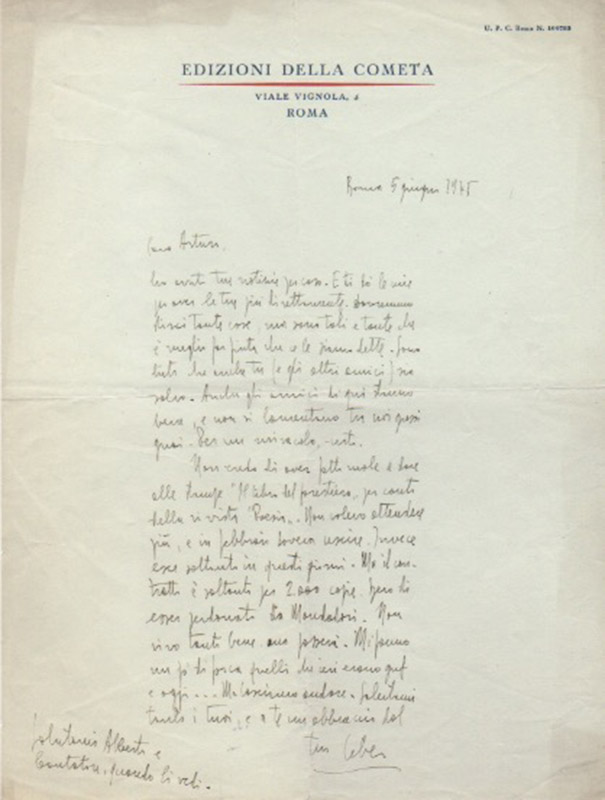 lettera autografa firmata inviata a “caro arturo”. datata 5 giugno 1945, roma