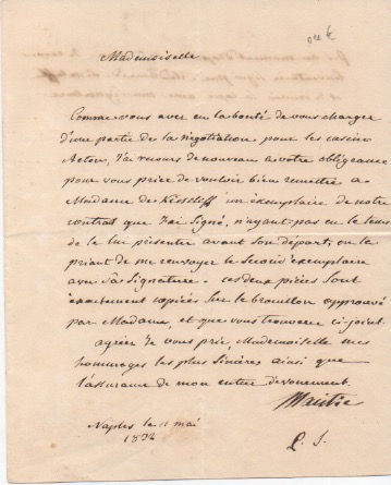 lettera manoscritta con firma autografa inviata ad una signorina. datata 11 maggio 1832