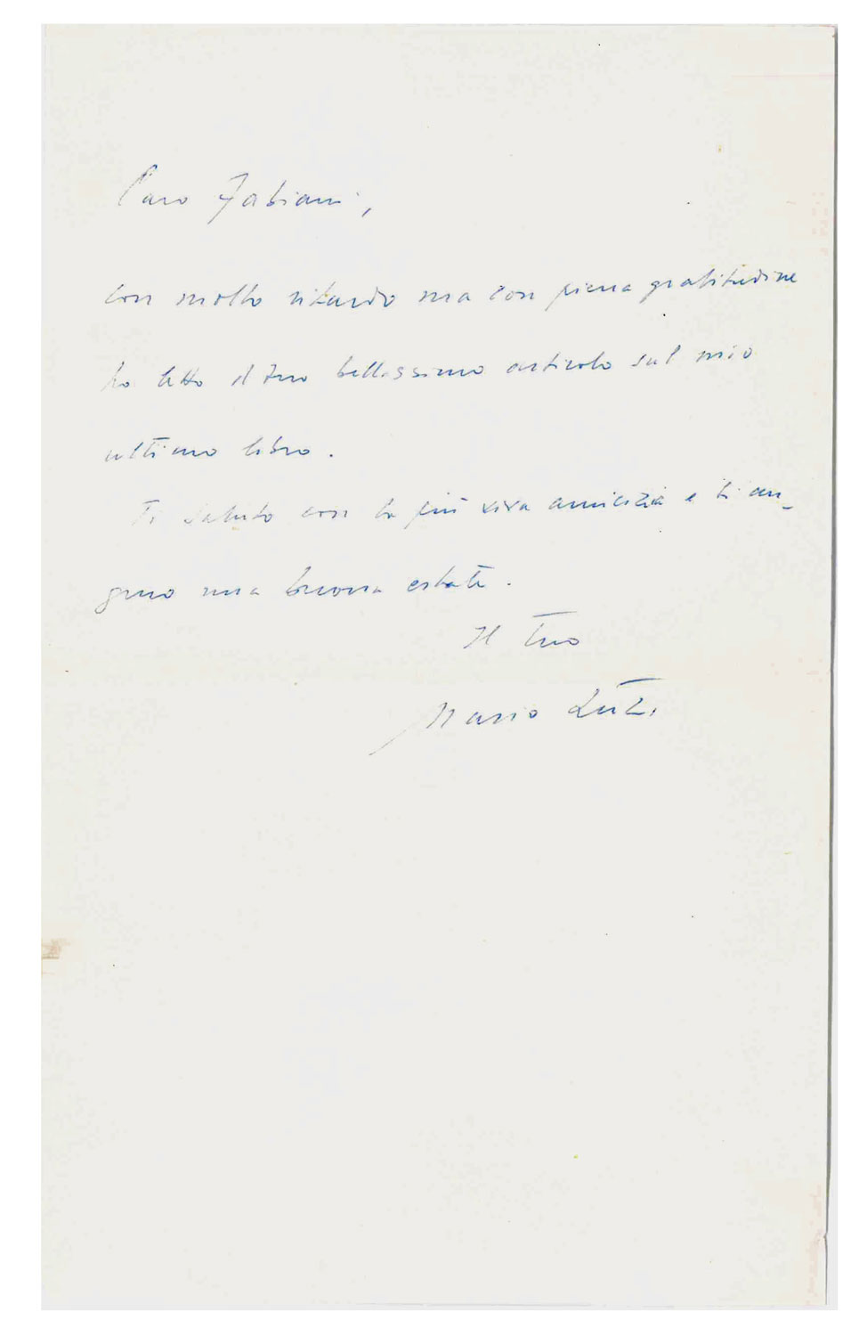 breve lettera autografa firmata inviata al poeta e giornalista enzo fabiani