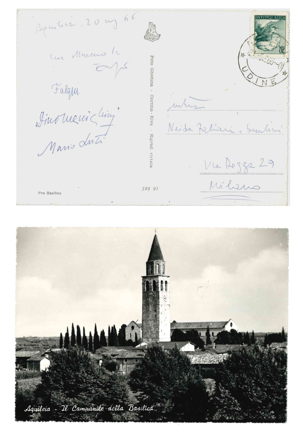 cartolina postale viaggiata, con firme autografe di luzi, falqui, fabiani e menichini; inviata a neida, moglie di fabiani