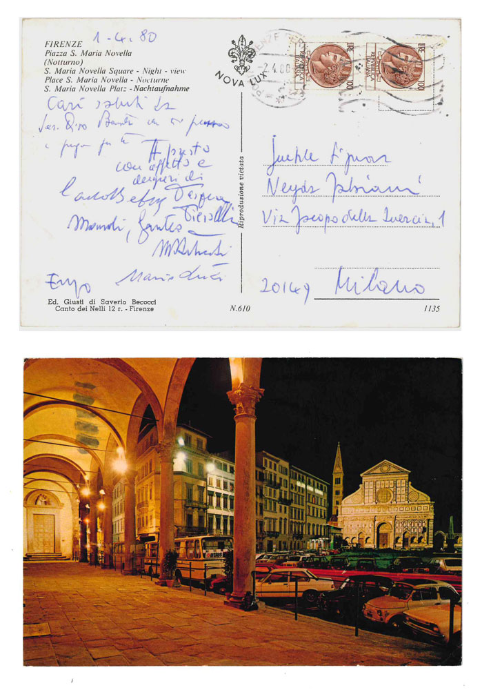 cartolina postale viaggiata, con firme autografe di luzi e fabiani, inviata a neida, moglie del poeta e giornalista enzo fabiani