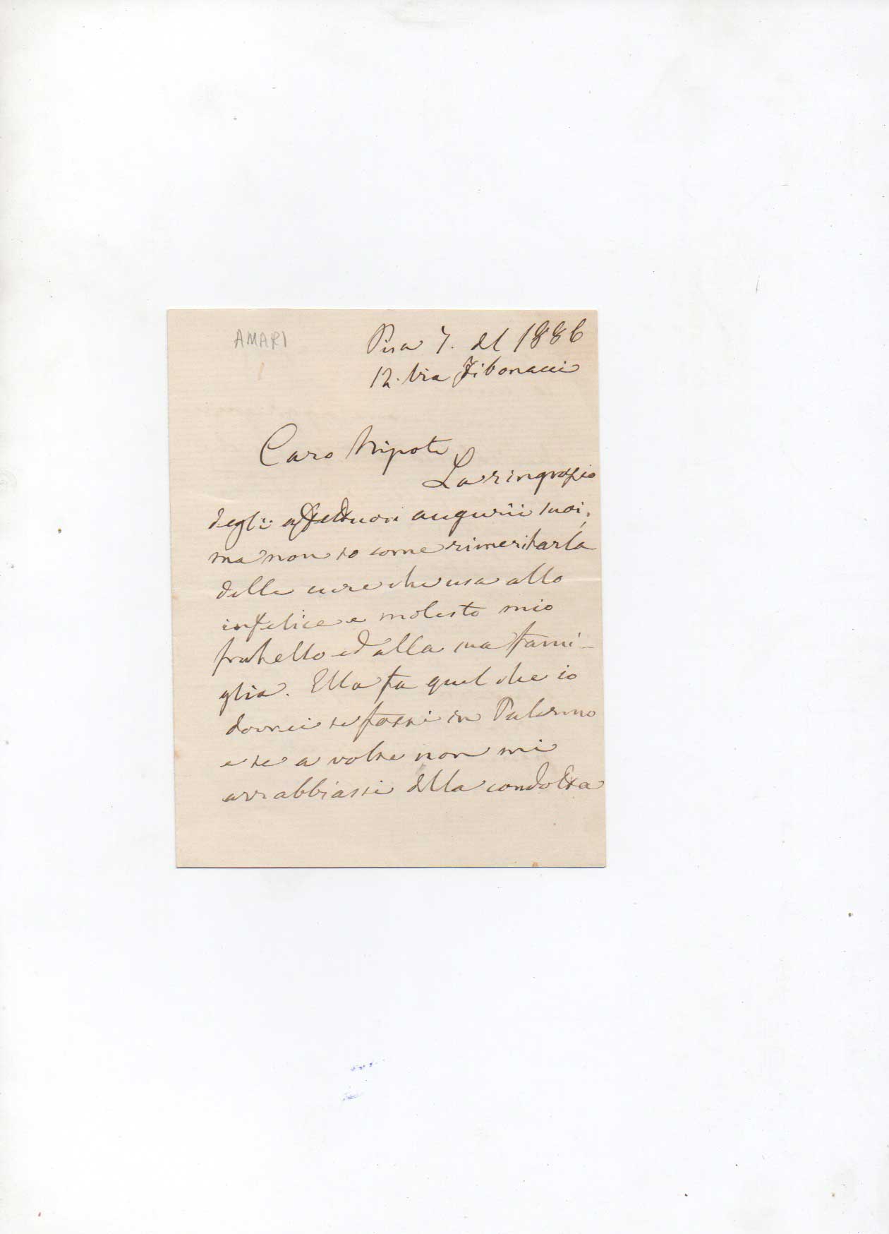 lettera autografa firmata inviata da pisa al nipote biagio la manna a palermo. datata 1886