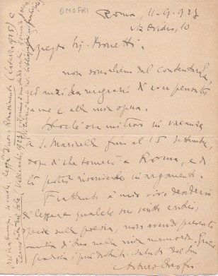 lettera autografa firmata inviata al sig. bonetti. datata 11 settembre 1927