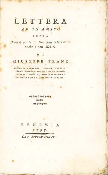lettera ad un amico sopra i diversi punti di medicina interessanti anche i non medici di giuseppe frank ...
