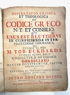 dissertatio critica et theologica de codice graeco n.t. et consilio quo usus est b. lutherus in conficienda interpretatione germanica, qua nuperae cl. viri m. tob. eckhardi, gymnas quedl. rect. coniecturae de codice