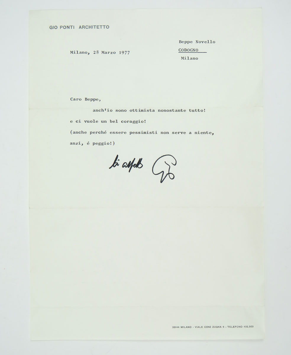 lettera dattiloscritta con congedo e firma autografa «gio», su carta intestata personale, inviata a beppe novello
