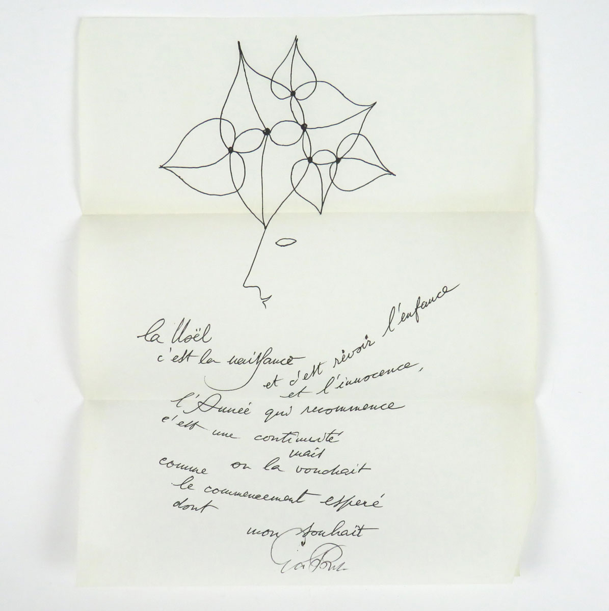 biglietto di auguri di natale con disegno e poesia in facsimile di manoscritto, su raffinata carta di riso, con firma autografa «gio ponti»