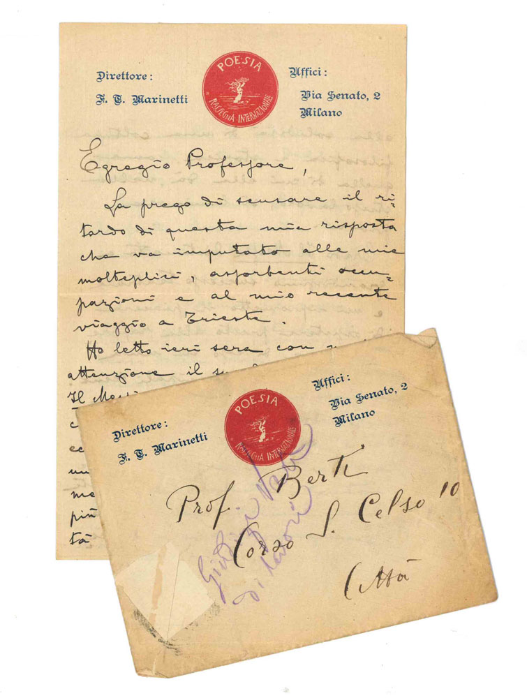lettera manoscritta con firma autografa su carta intestata «poesia. rassegna internazionale», indirizzata a candido berti; busta intestata conservata