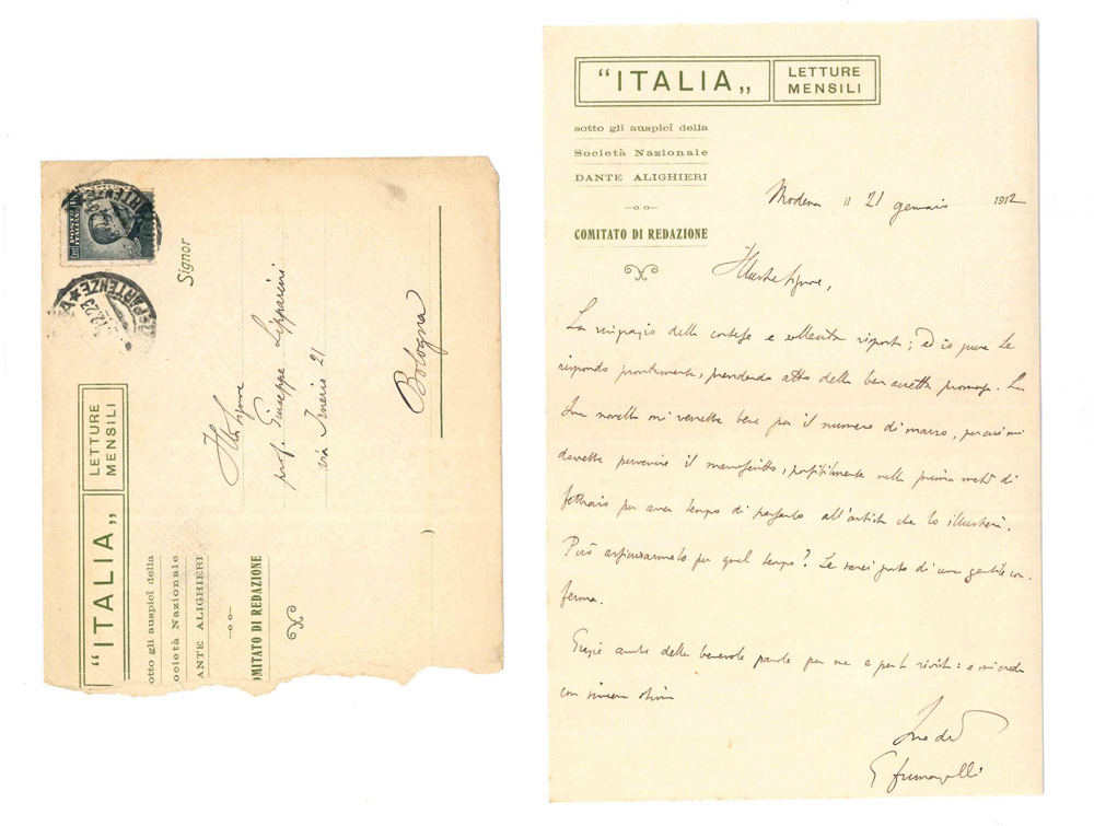 lettera autografa firmata inviata al professor giuseppe lipparini