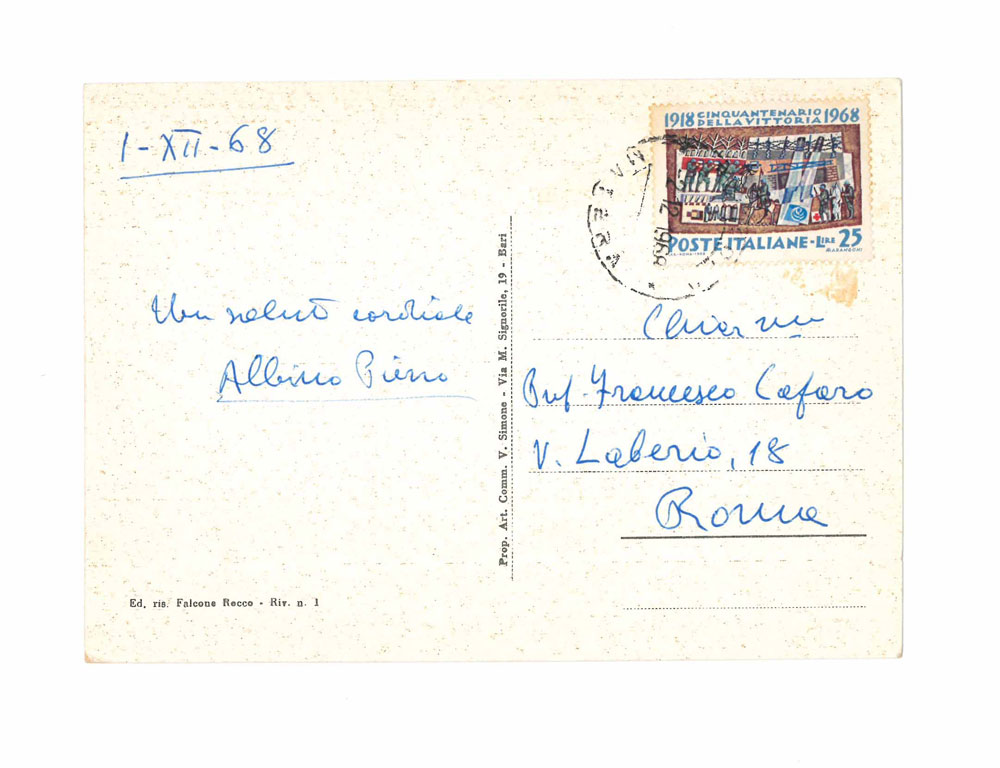 cartolina illustrata [tursi - matera], viaggiata, con saluti e firma autografi, inviata a francesco cafaro