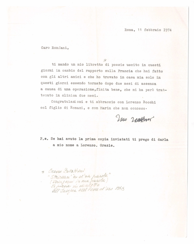 lettera dattiloscritta con firma autografa, inviata a ugo ronfani