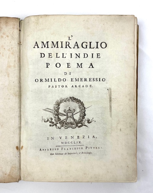 l ammiraglio delle indie. poema di ormildo emeressio. pastor arcade