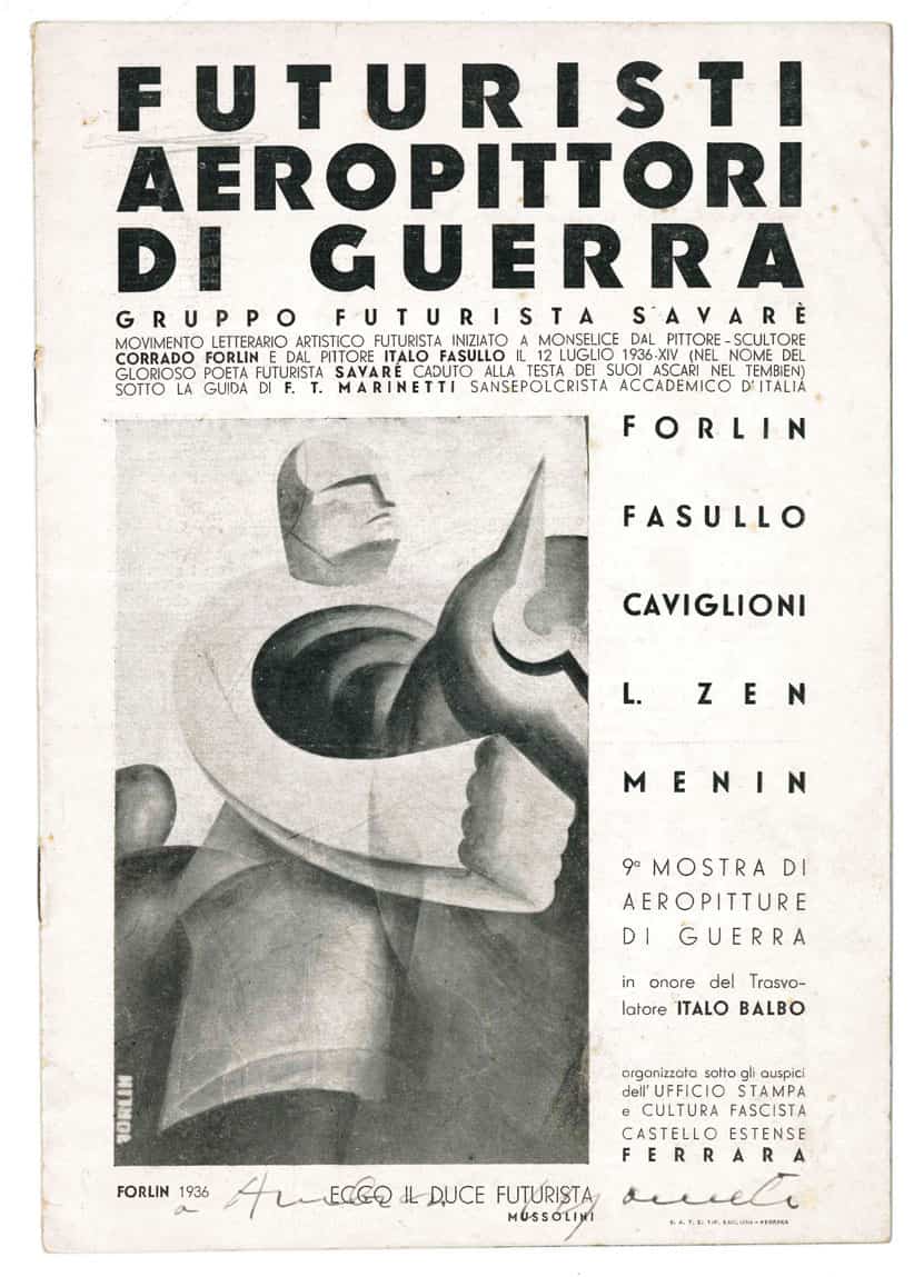 futuristi aeropittori di guerra. gruppo futurista savarè [...]. forlin. fasullo. caviglioni. l. zen. menin. 9a [nona] mostra di aeropitture di guerra in onore del trasvolatore italo balbo