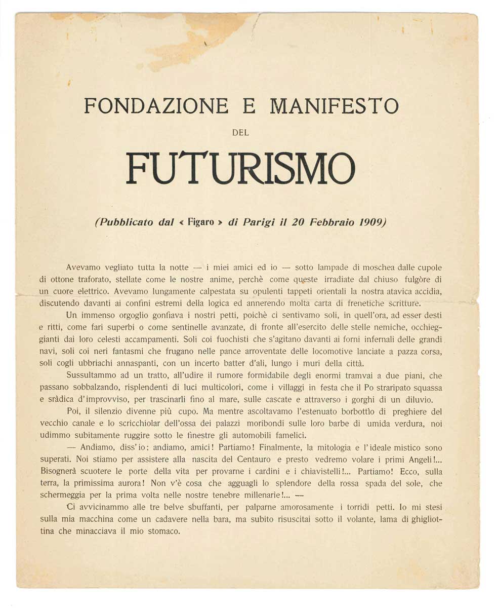 fondazione e manifesto del futurismo. (pubblicato dal «figaro» di parigi il 20 febbraio 1909)[prima edizione]