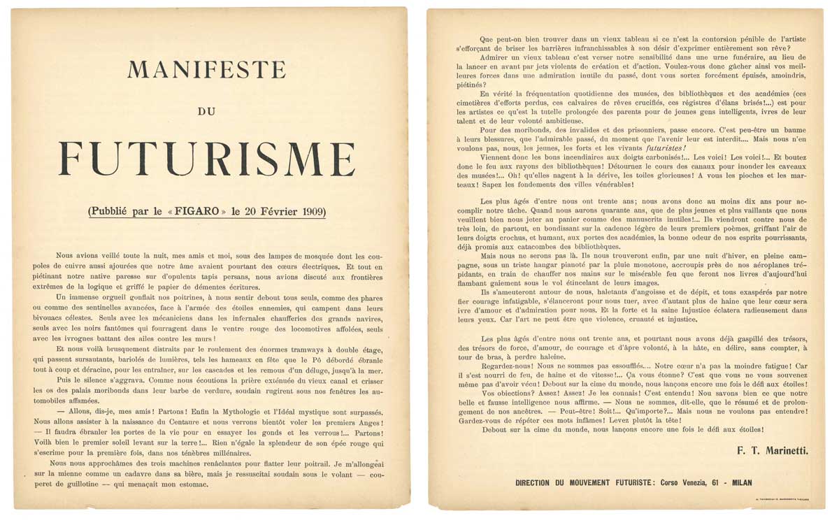 manifeste du futurisme (pubblié [sic, per “publié”] par «le figaro» le 20 février 1909)