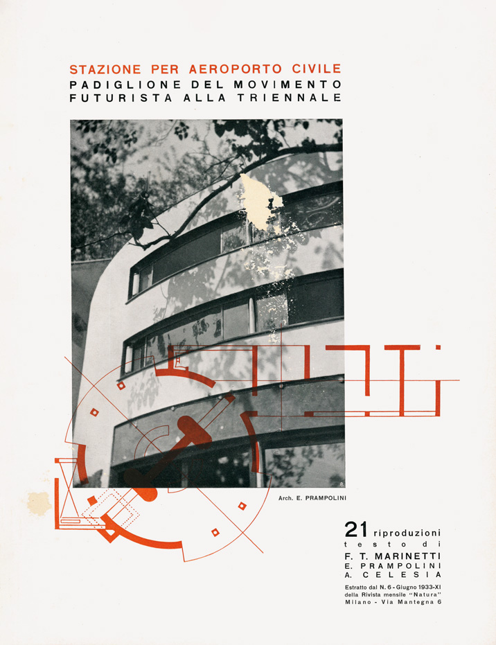 stazione per aeroporto civile. padiglione del movimento futurista alla [v; 5; quinta] triennale. 21 riproduzioni. testo di f.t. marinetti e. prampolini a. celesia. estratto dal n. 6 - giugno 1933 - xi della rivista