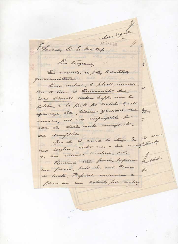 lettera autografa firmata, datata pescia (località marsalla) 2 novembre 1947, indirizzata al giornalista e scrittore orio vergani.
