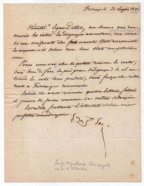 lettera con firma autografa, datata firenze 21 luglio 1832, indirizzata al dottor giovanni battista naldi