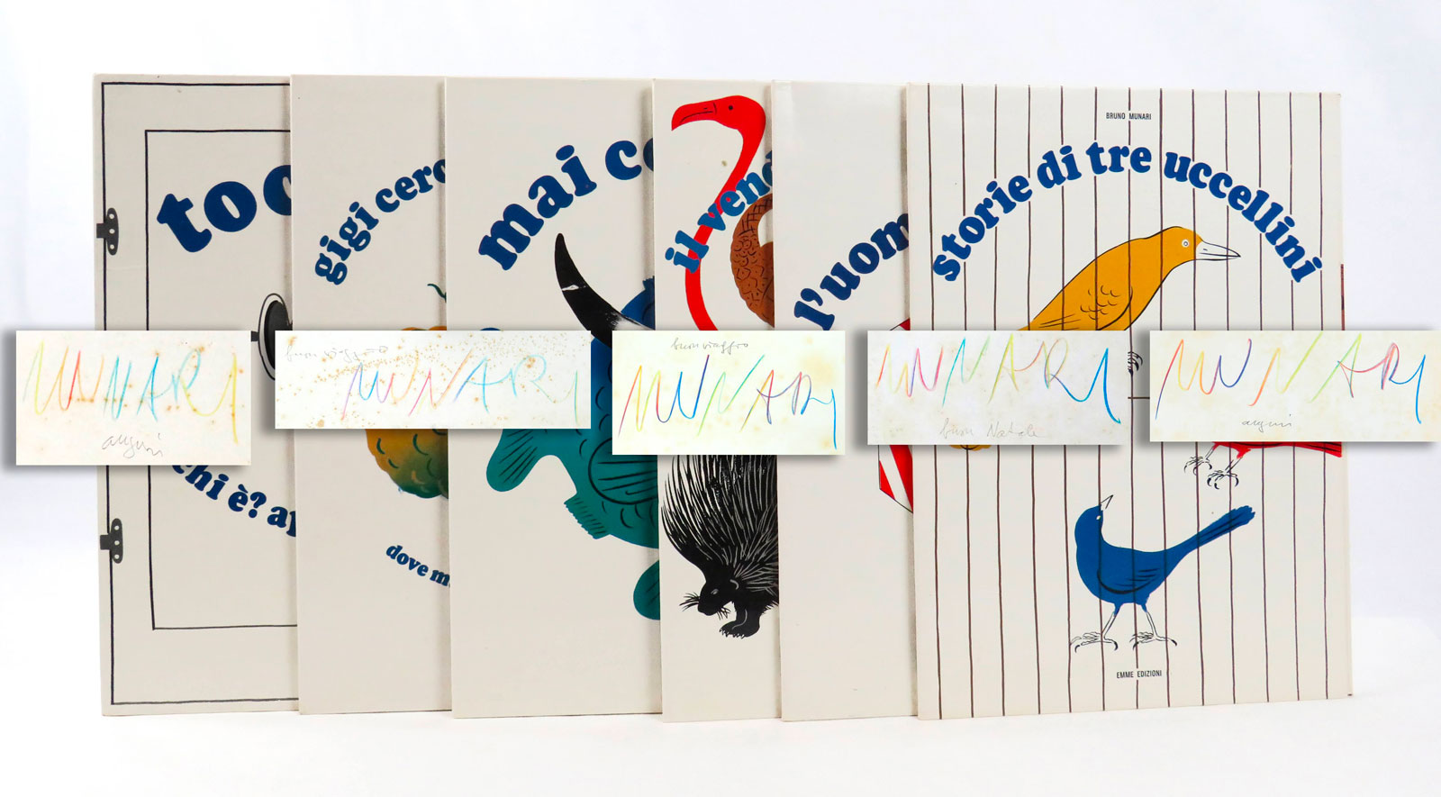 [collezione dei «libri di munari» ripubblicati da emme edizioni:] l’uomo del camion, storia di tre uccellini, mai contenti, il venditore di animali, gigi cerca il suo berretto, toc toc chi è? apri la porta
