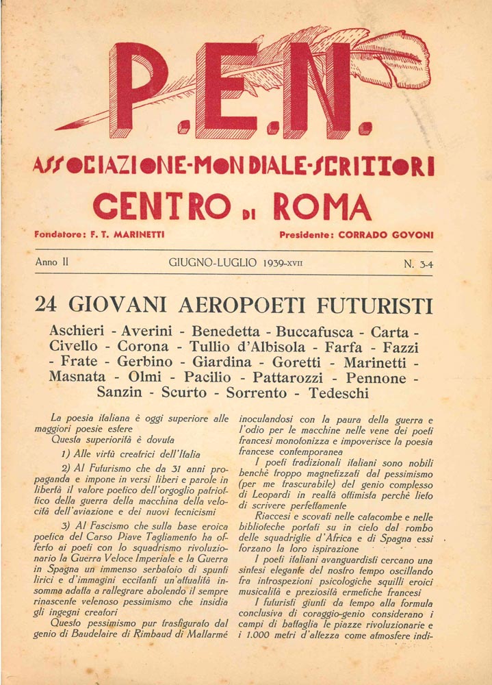 p.e.n. associazione mondiale scrittori. centro di roma. anno ii n. 3-4 [f.t. marinetti: 24 giovani aeropoeti futuristi]