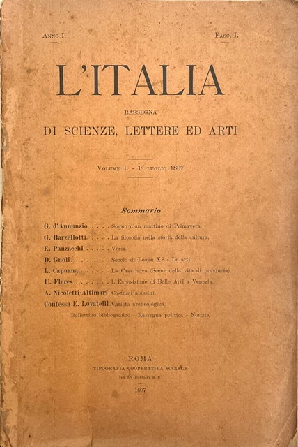 l’italia. rassegna di scienze, lettere ed arti. volume i || anno i, fasc. i ... [fra cui:] sogno d’un mattino di primavera.