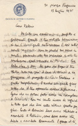 lettera autografa firmata inviata a valerio. datata 13 luglio 1935