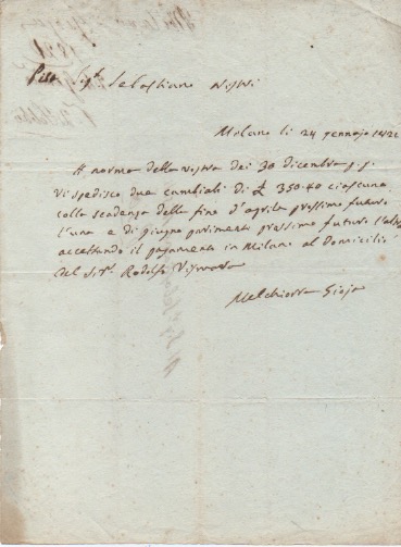 lettera autografa firmata inviata a sebastiano nistri. datata 24 gennaio 1821.