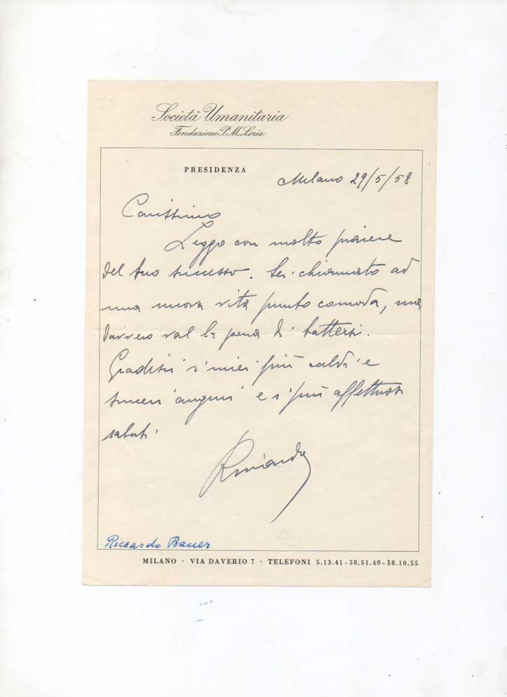 lettera autografa firmata. datata 29 maggio 1958