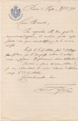 lettera autografa firmata inviata a bianchi, redattore del corriere della sera. datata 9 settembre 1911