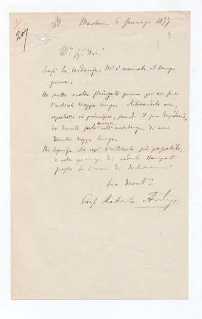 lettera autografa firmata. datata 6 gennaio 1877.