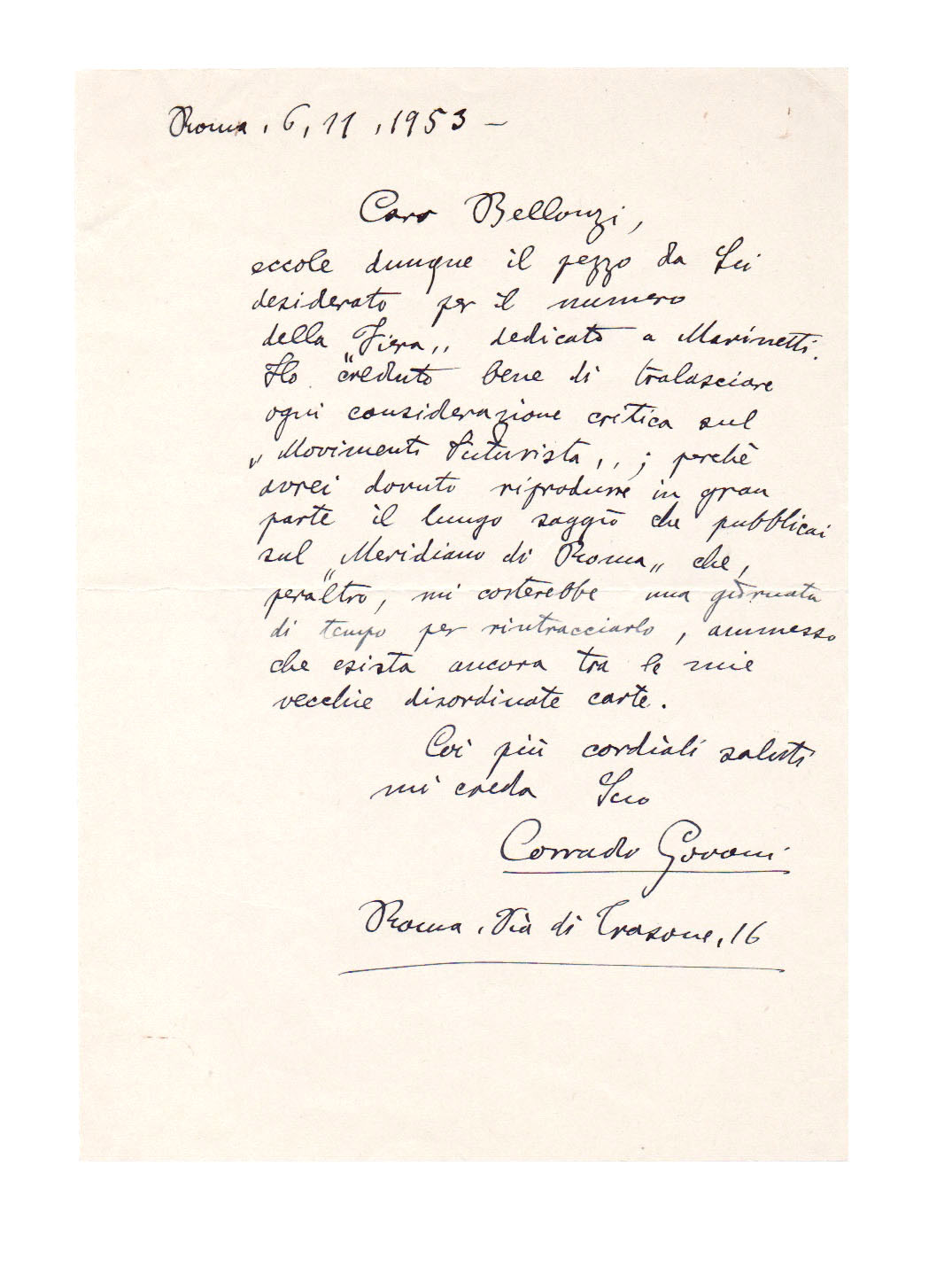 lettera autografa firmata, datata 6 novembre 1953, inviata a fortunato bellonzi, a proposito dell’articolo «il mio primo incontro con marinetti»