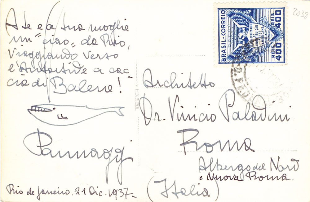 cartolina postale viaggiata, autografa firmata, con disegno. inviata a «architetto dr vinicio paladini»