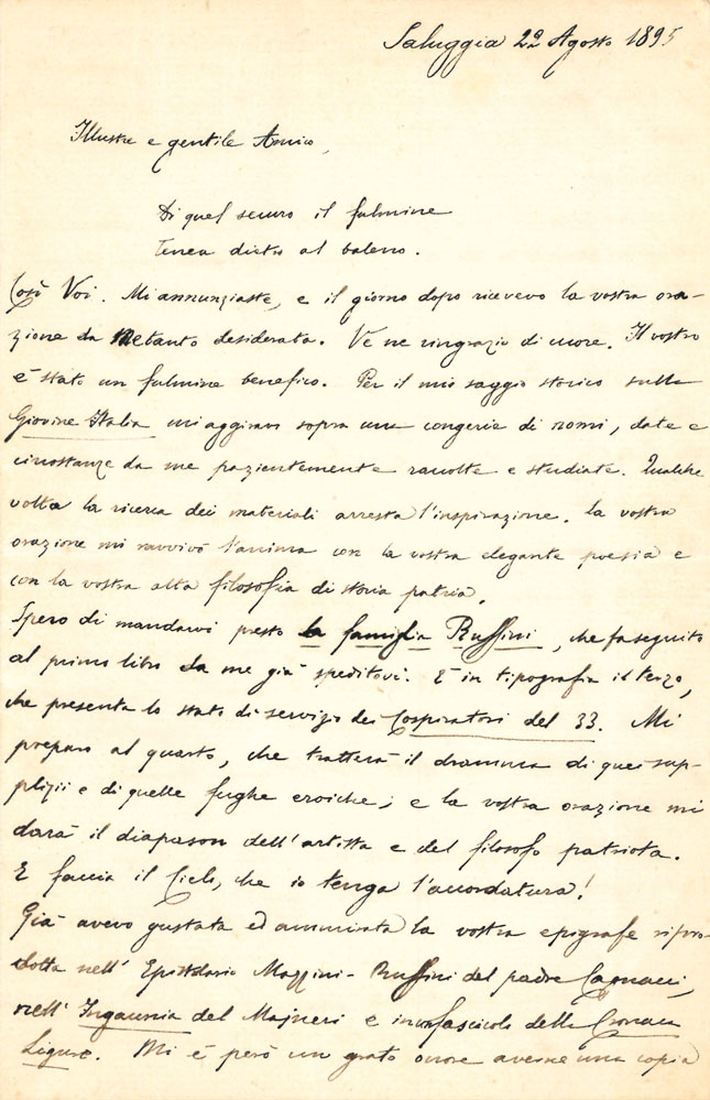 lettera autografa firmata inviata a illustre e gentile amico [ anton giulio barrili]. datata 22 agosto 1895.