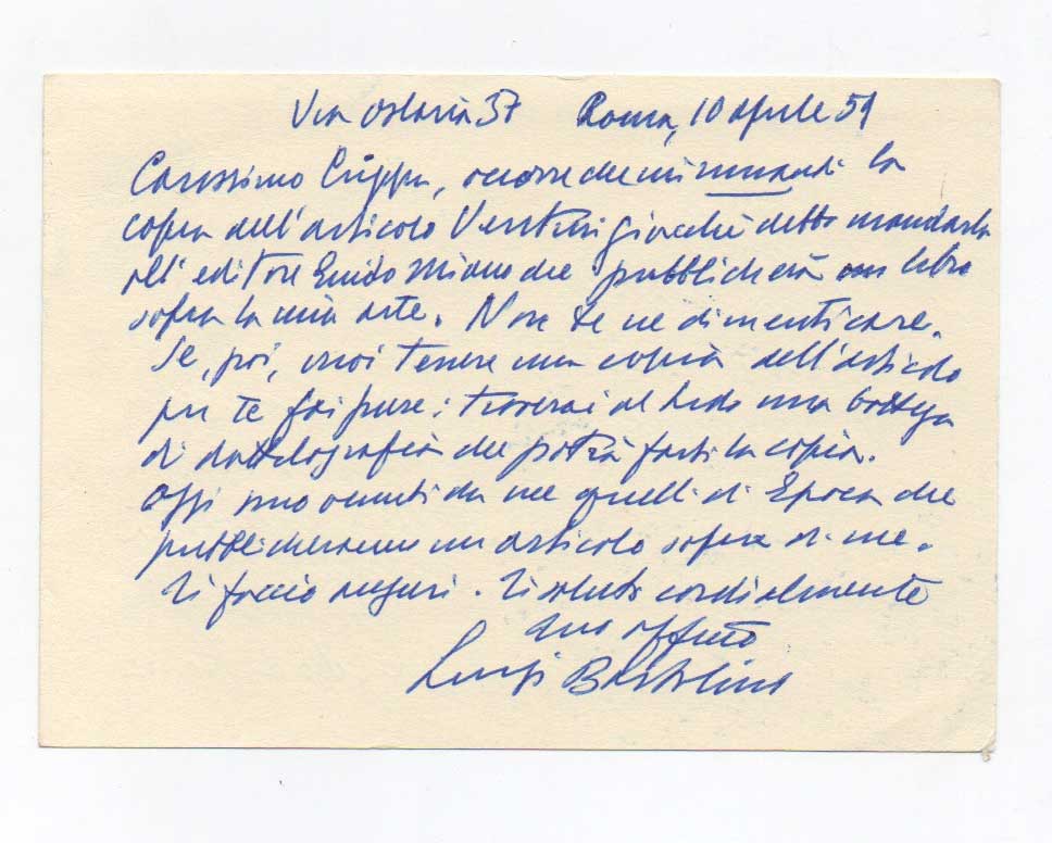 cartolina postale autografa firmata, datata roma 10 aprile 1959 e diretta all artista renato crippa.