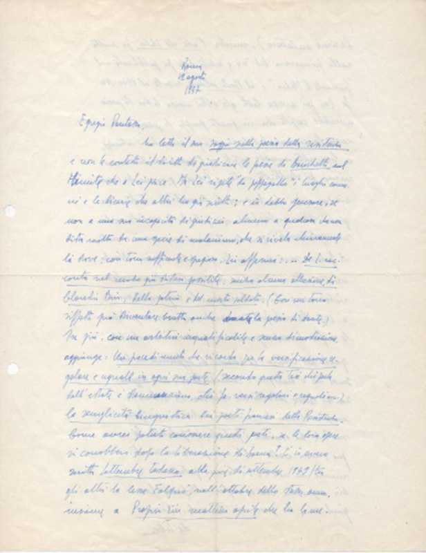 lettera autografa firmata  inviata al critico e storico della letteratura sergio pautasso. datata 12 agosto 1957, roma