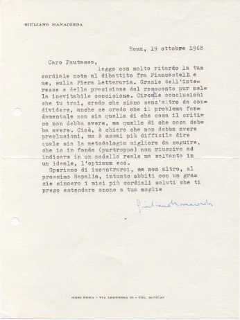 lettera dattiloscritta con firma autografa, datata roma 19 ottobre 1968, inviata al critico e storico della letteratura sergio pautasso.