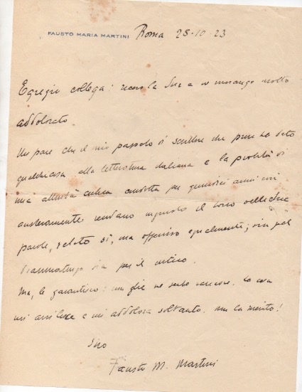 lettera autografa firmata, datata 28 ottobre 1923 - roma, inviata ad un collega.