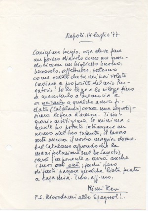 lettera autografa firmata, datata 14 luglio 1977 - napoli, inviata al critico e storico della letteratura sergio pautasso