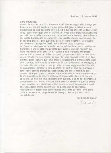 lettera dattiloscritta con firma autografa, datata padova 12 marzo 1991, inviata al critico e storico della letteratura sergio pautasso