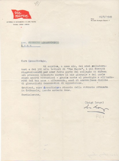 lettera dattiloscritta con firma autografa inviata all’avv. federico comandini. datata 16 maggio 1949