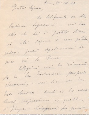 lettera autografa firmata inviata a “gentili signori”. datata 10 marzo 1940.