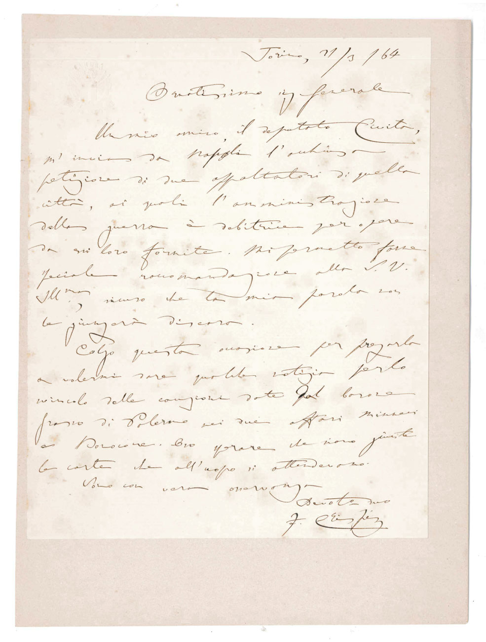 lettera autografa firmata inviata ad un generale. datata 21 marzo 1864